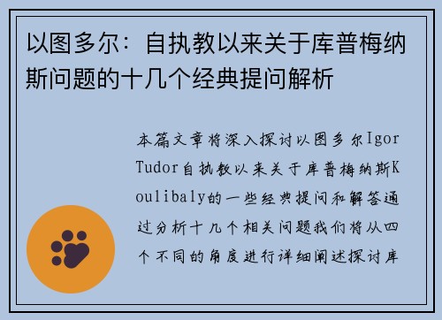 以图多尔：自执教以来关于库普梅纳斯问题的十几个经典提问解析