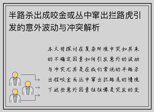 半路杀出成咬金或丛中窜出拦路虎引发的意外波动与冲突解析